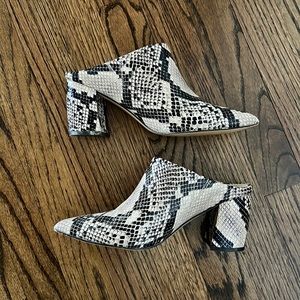Marc Fisher Snake Print Black & White Block Heel Mules